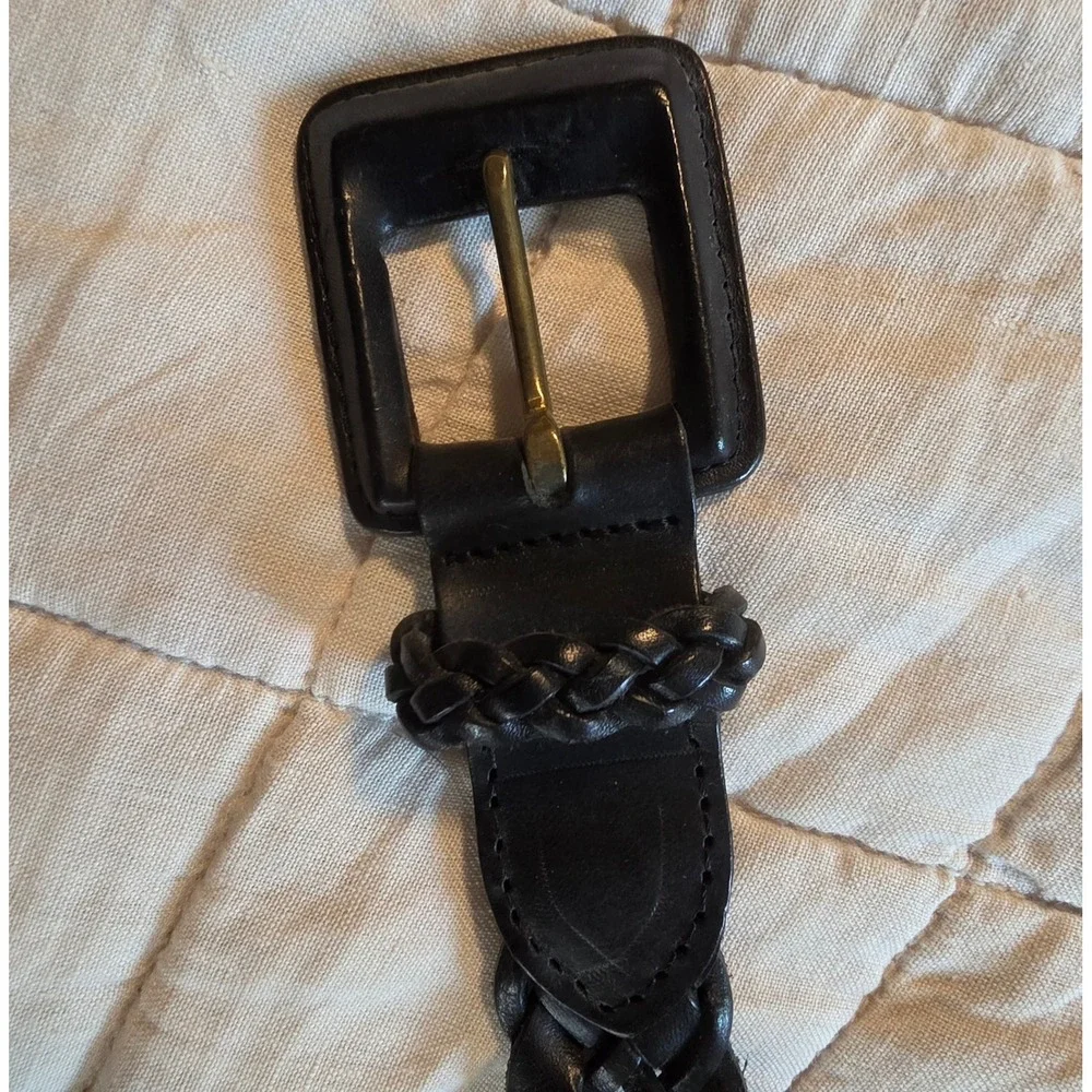 Talbots Braided Leather Belt Womens XL Black Woven Square Buckle Turkey